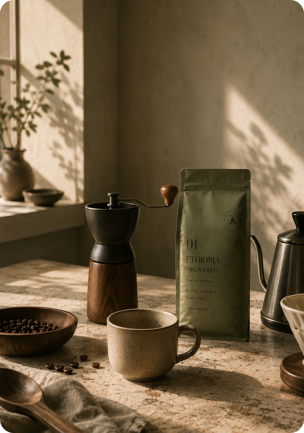 Artisanal coffee ritual setup with wooden grinder and ORIGIN coffee pack